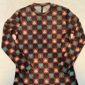 Checkerboard Card Suit Mesh Long Sleeve Top - Teal & Brown
